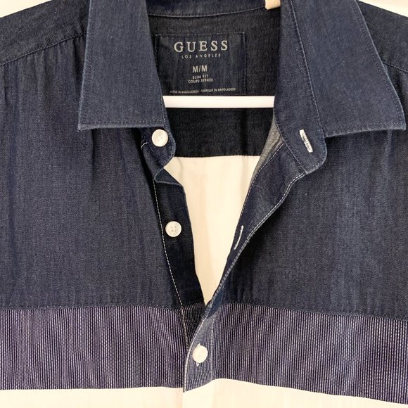 Guess Men's Short Sleeve Button Up Shirt Colour Block Blue White Denim Medium - Picture 2 of 5